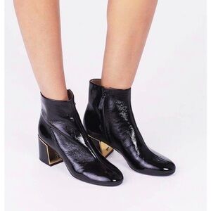Tory Burch Patent Leather Black Juliana Block Heel Booties Gold Trim